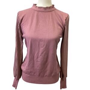 Sioni Medium Long Pleated Sleeve Crew Neck Ruffled Keyhole Back Soft Sweater